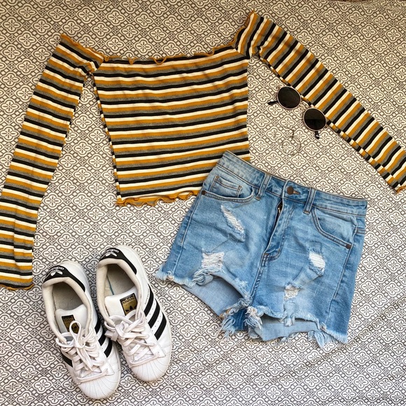 Yellow Stripped Off-Shoulder Ruffled Crop Top - Picture 1 of 3